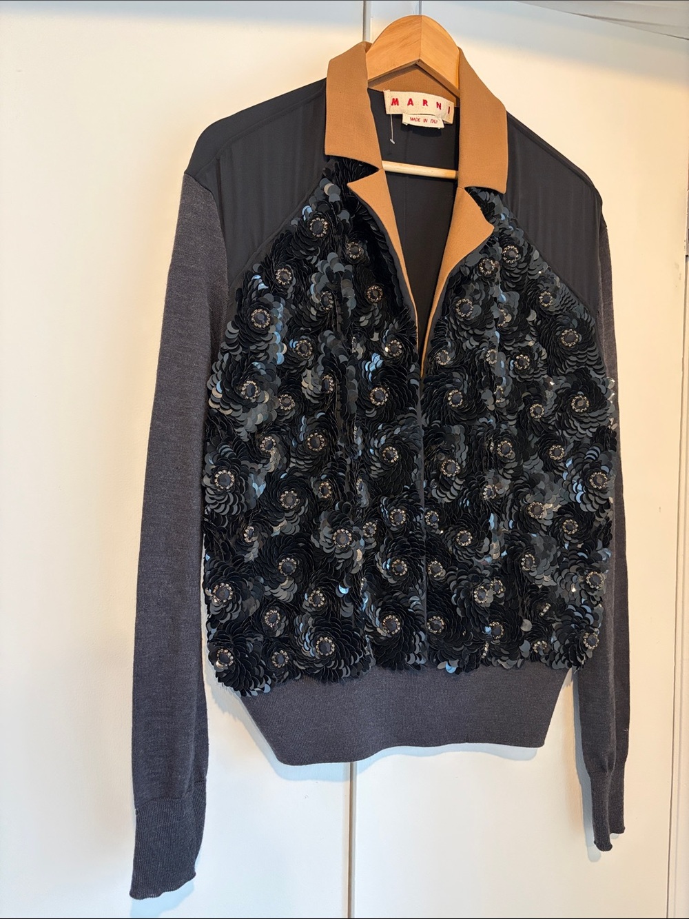 Marni Black Sequin Floral Mixed-Media Sweater